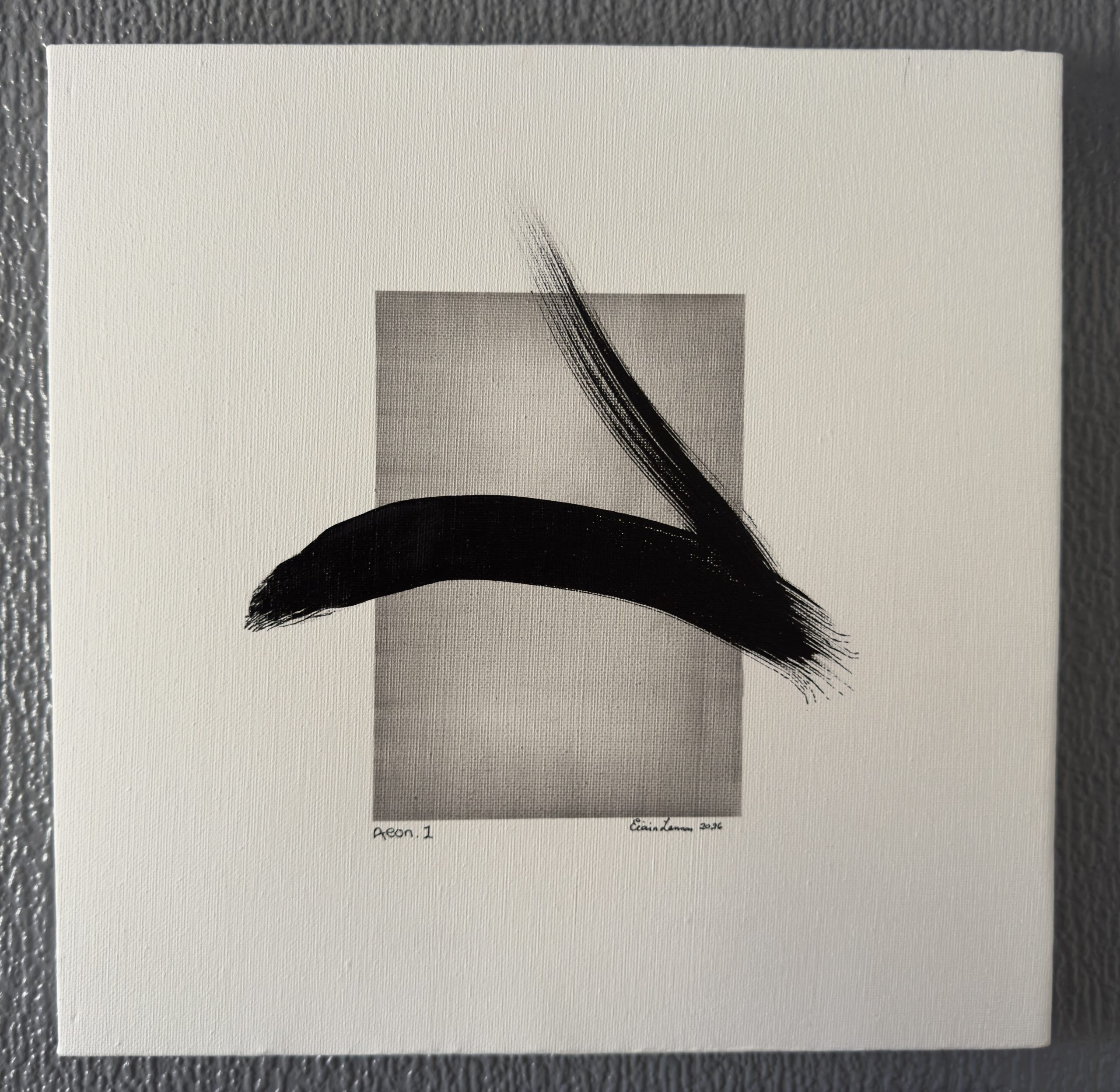 Aeon I, a grey geometric field crossed by sweeping black gestures