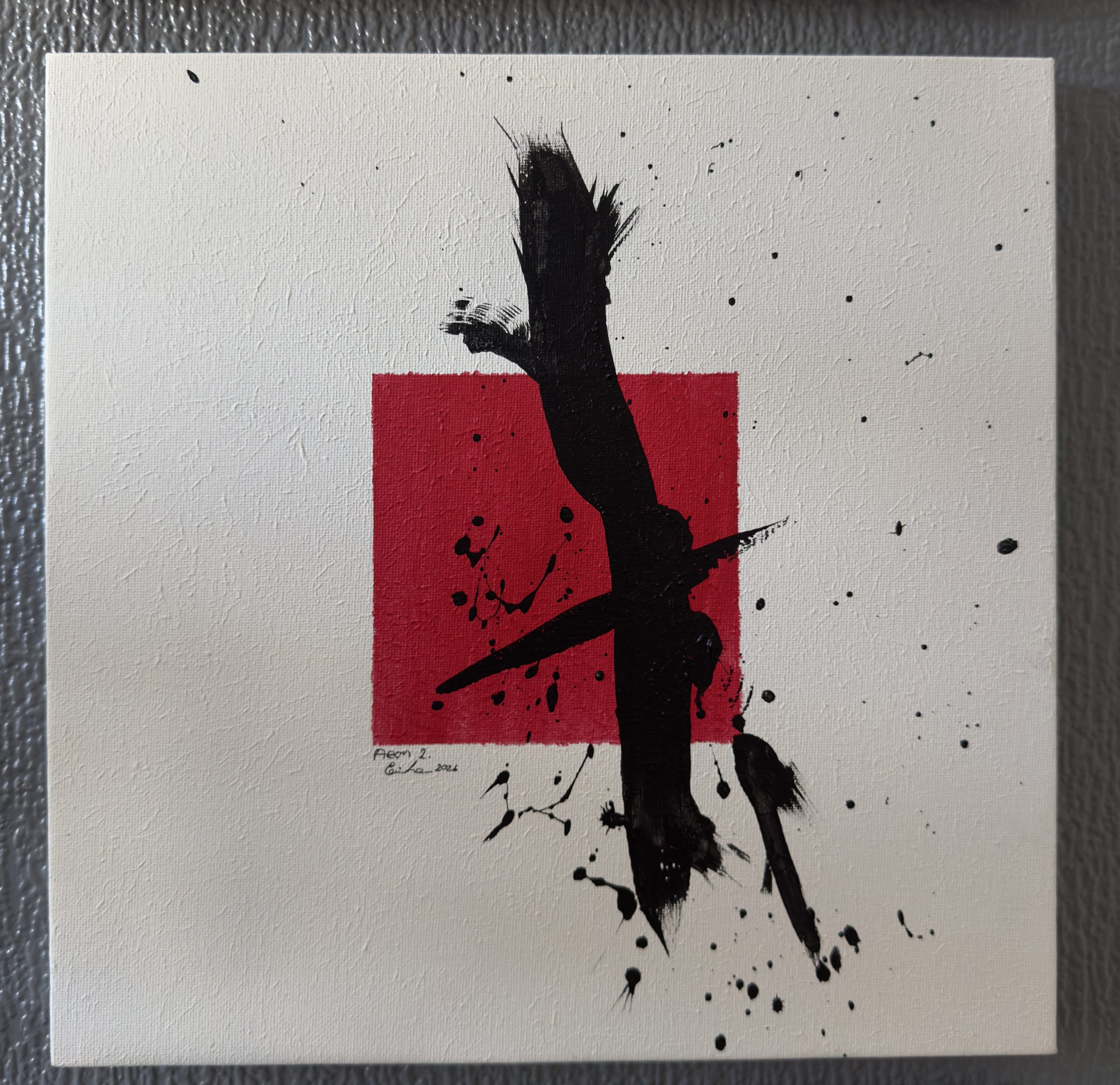 Aeon II, a red geometric field disrupted by forceful black strokes and ink splashes