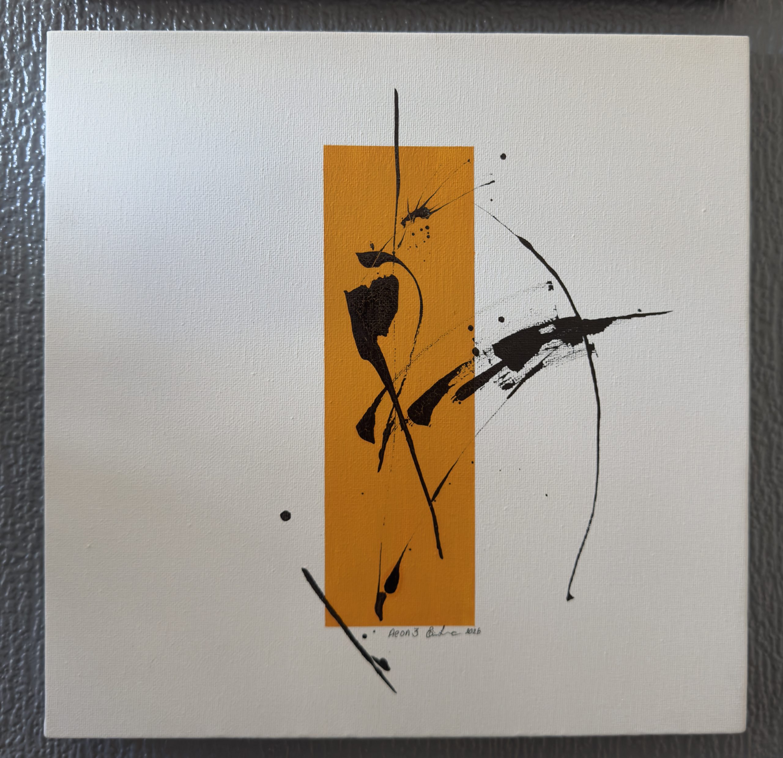 Aeon III, an ochre geometric field surrounded by fluid black arcs, marks and splashes
