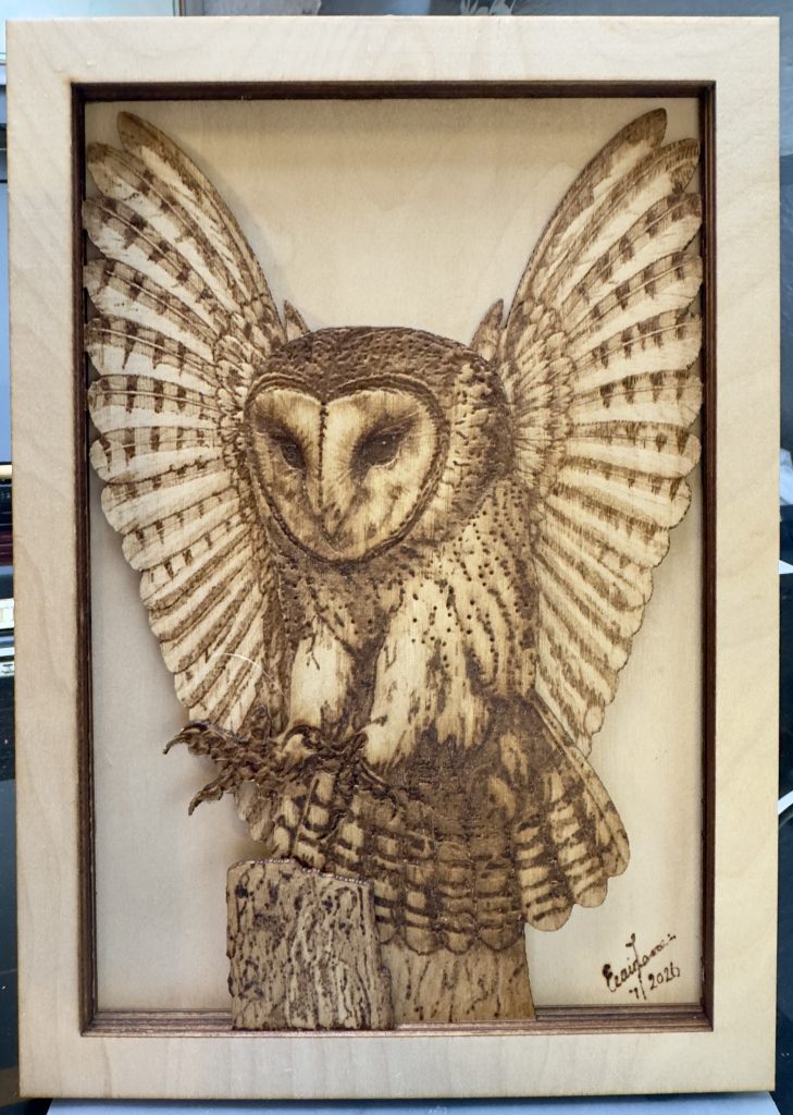 Coming Into Land, a layered plywood pyrography artwork by Eiain Lennon showing a barn owl descending in flight.